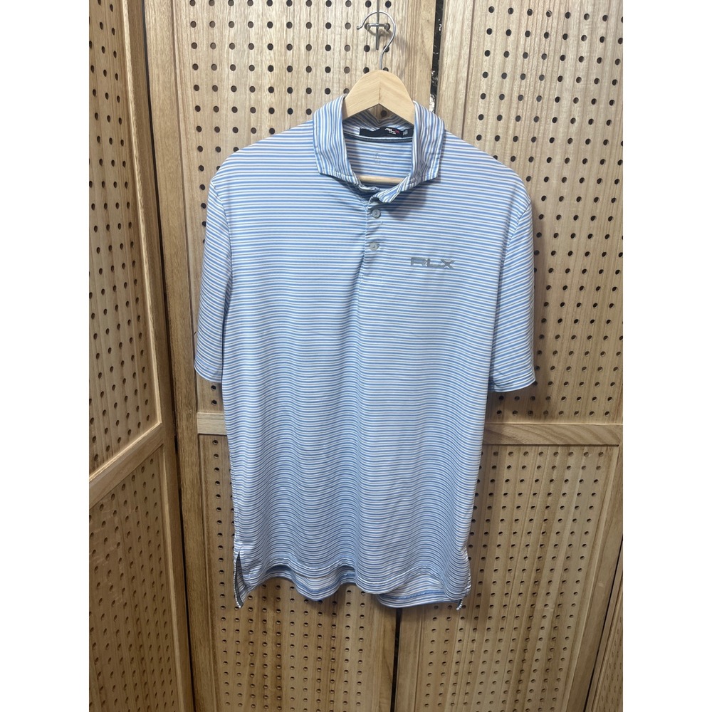 RLX Ralph Lauren Mens Blue White Striped Performance Golf Polo Shirt Size Large